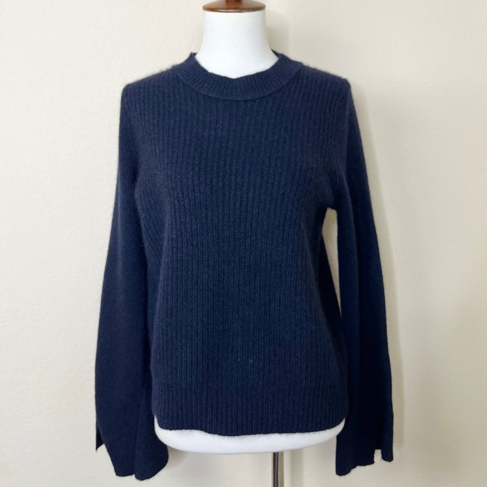 360 Cashmere Crewneck Split Sleeve Navy Blue Sweater